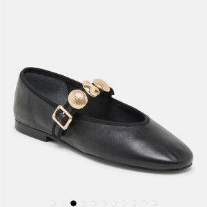 Dolce Vita Relan Black Leather Mary Jane Flats with Gold Buttons